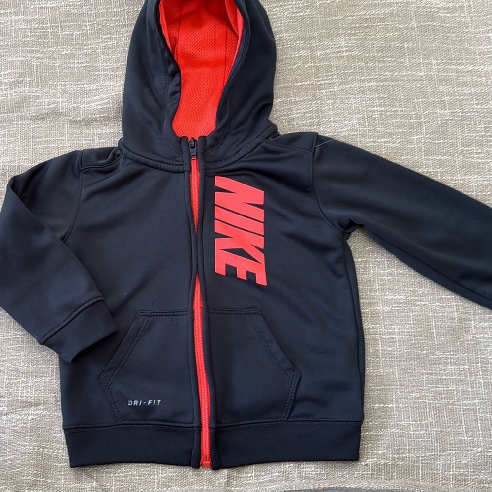 NIKE Blackish Gray Hoodie with fluorescent Orange Logo & trim Kids 24 months.